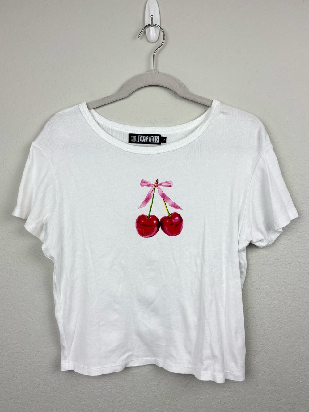 Girl Dangerous Size L 100% Cotton White Tee with Cherry Graphic Coquette